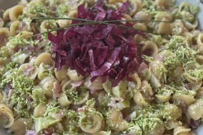 Pasta en risotto brocoli, jambon et trévise