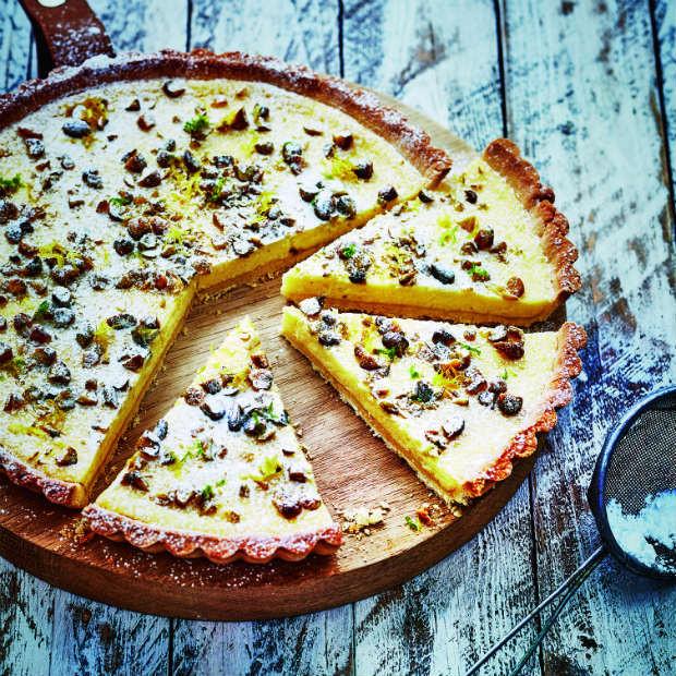 Tarte sablée à la ricotta, zeste de citron et pistaches