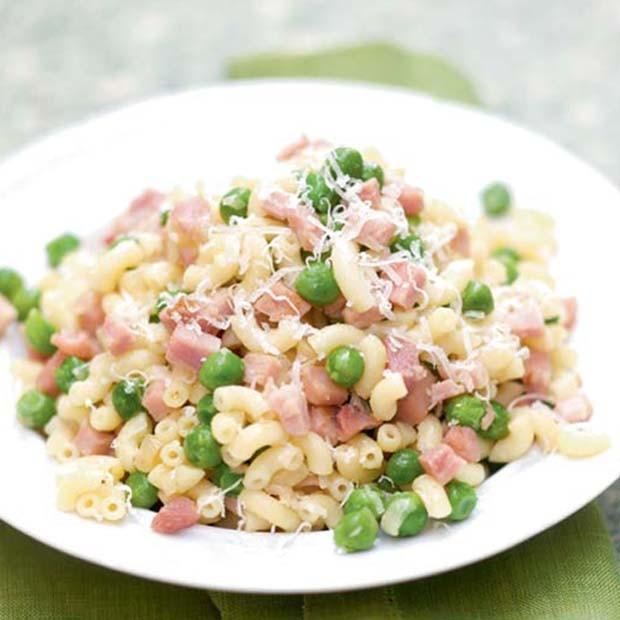 Recette de Coquilleto, petits pois et jambon - Cuisine rapide