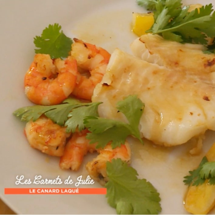 Filets de cabillaud et crevettes aigre-doux à la coriandre et au miel d’André-Claude Filets de cabillaud et crevettes aigre-doux à la coriandre et au miel d’André-Claude