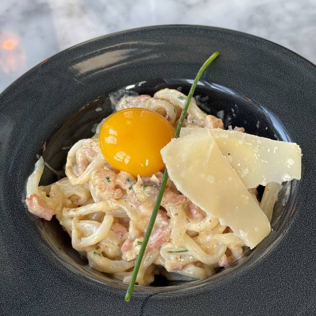 Tagliatelles de seiche à la carbonara Tagliatelles de seiche à la carbonara